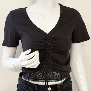 Jonathan Simkhai Standard Aida S/S Cropped T-shirt Lace Hem Drawstring Ruching